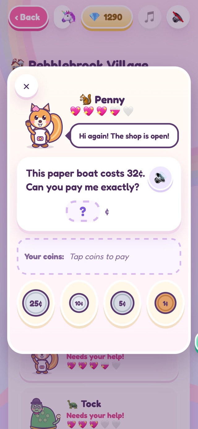 Penny the squirrel asks a money question, with coins to count