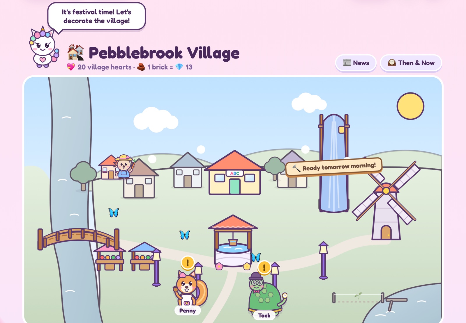 The Village: a bridge, a well, market stalls, a school, and neighbors waiting for help